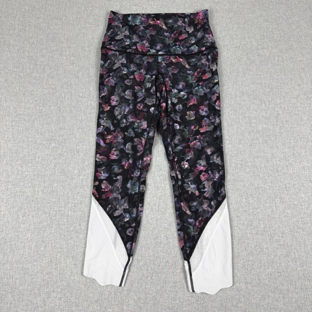 Lululemon Floral Mesh Panel Leggings Womens Small Black Multi High Rise Yoga